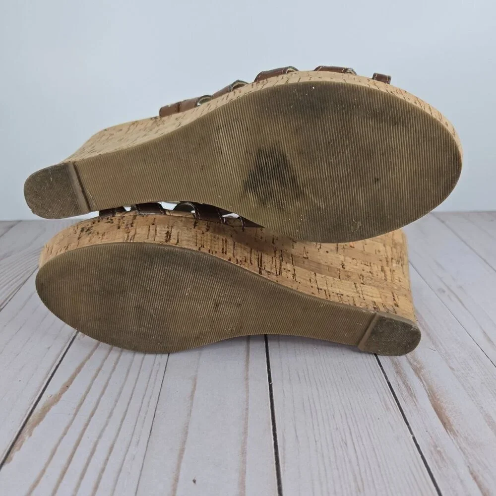 GUESS Gladiator Wedge Sandals Brown Leather Cork Women’s Size 9